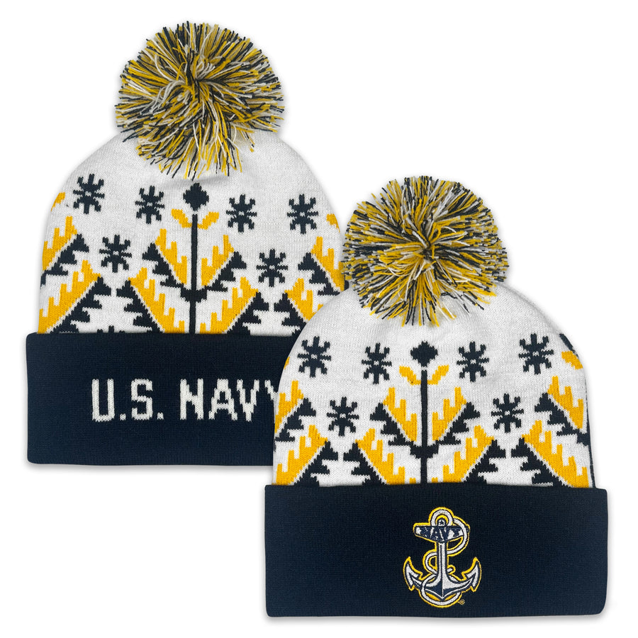 Navy Anchor Knit Pom Beanie