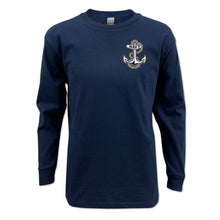 Load image into Gallery viewer, Navy Anchor Youth Left Chest Long Sleeve T-Shirt