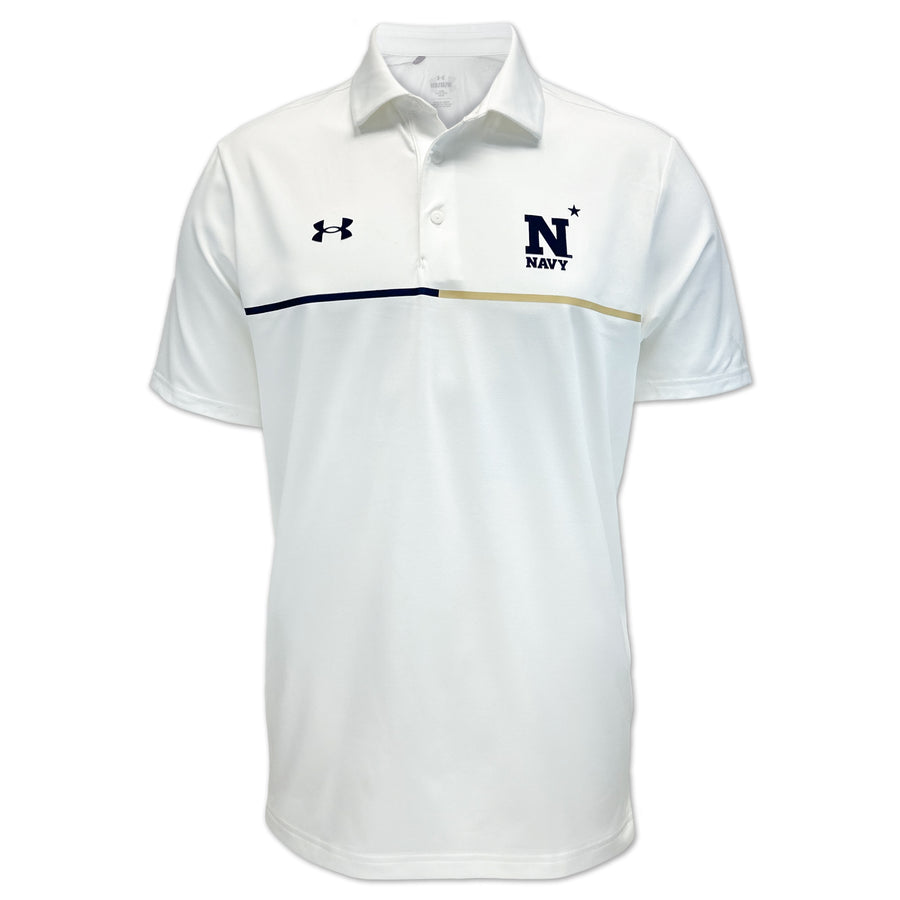 Navy Under Armour Sideline Playoff Chest Stripe Polo (White)