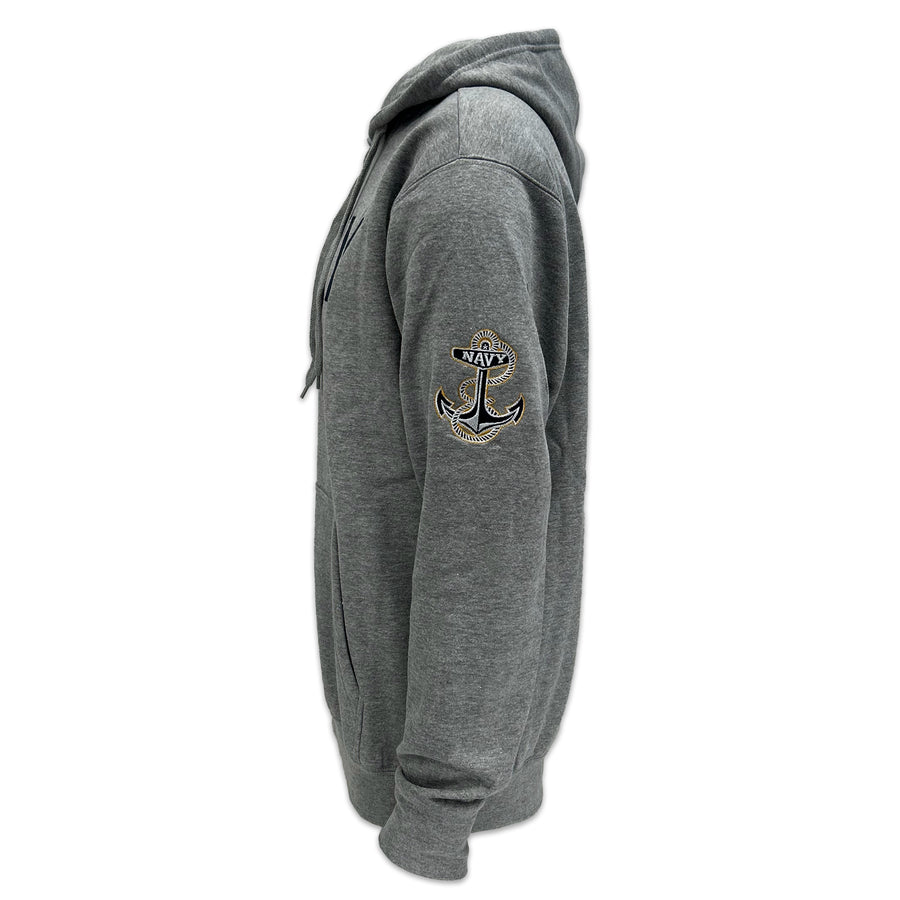 Navy Anchor Tackle Twill Embroidered Fleece Hood (Grey)