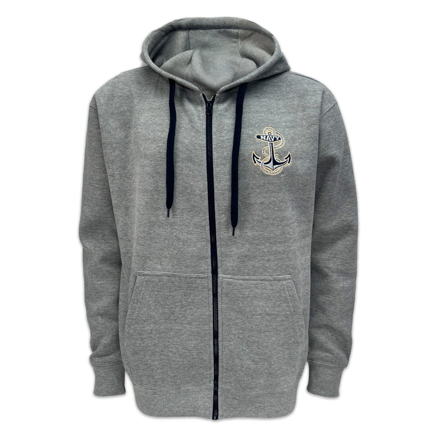 Navy Anchor Tackle Twill Embroidered Fleece Full Zip Hood (Grey)