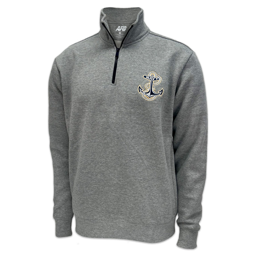 Navy Anchor Tackle Twill Embroidered Fleece Quarter Zip (Grey)