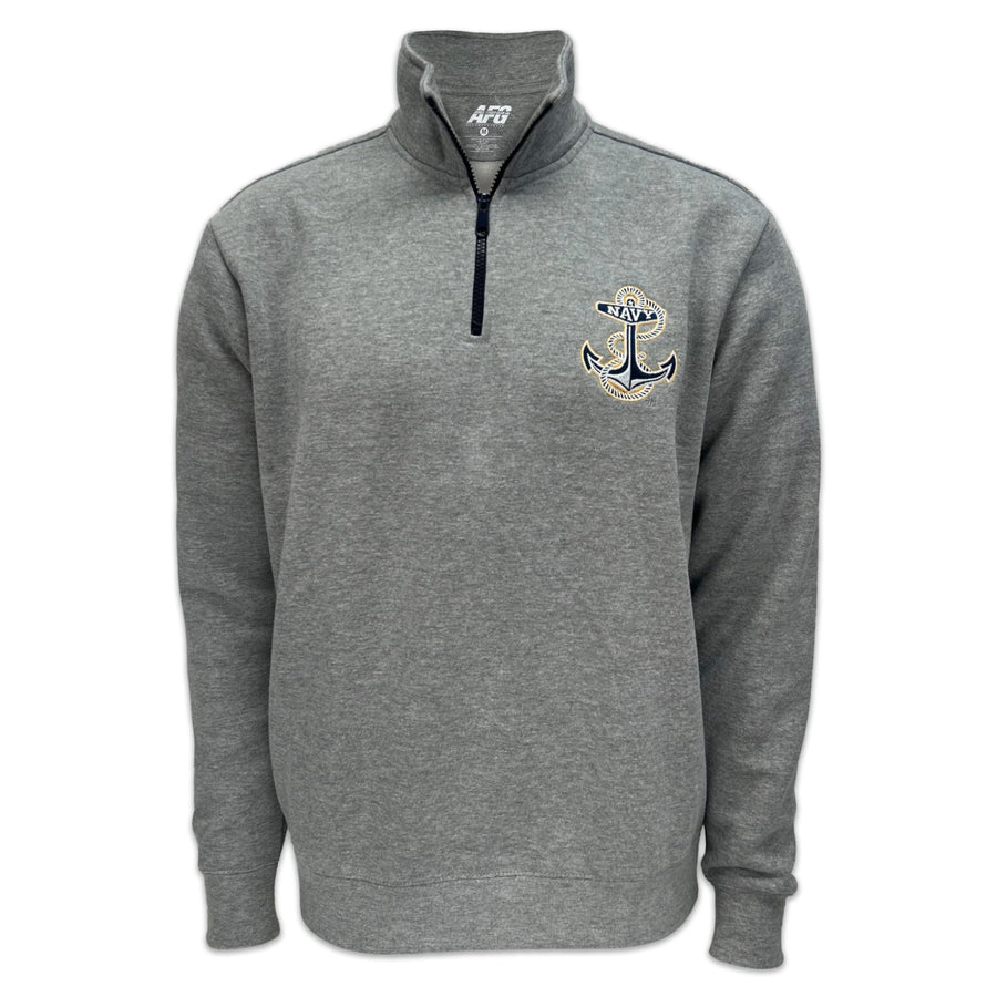 Navy Anchor Tackle Twill Embroidered Fleece Quarter Zip (Grey)