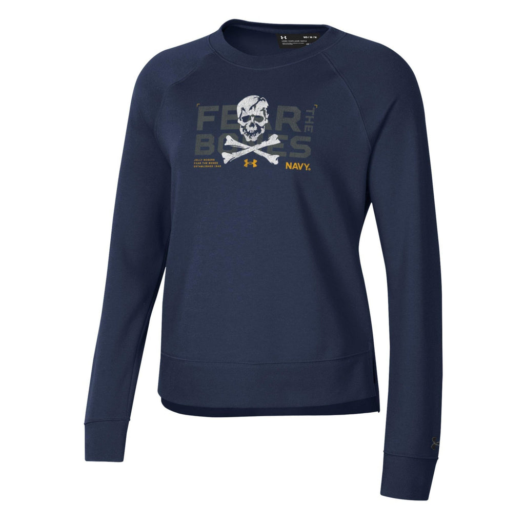 Navy Ladies Under Armour 2024 Rivalry Fear the Bones Skull Fleece Crewneck (Navy)