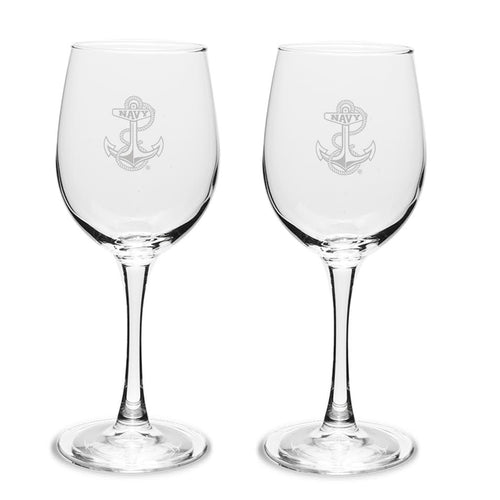 Navy Anchor Set of Two 12oz Wine Glasses with Stem