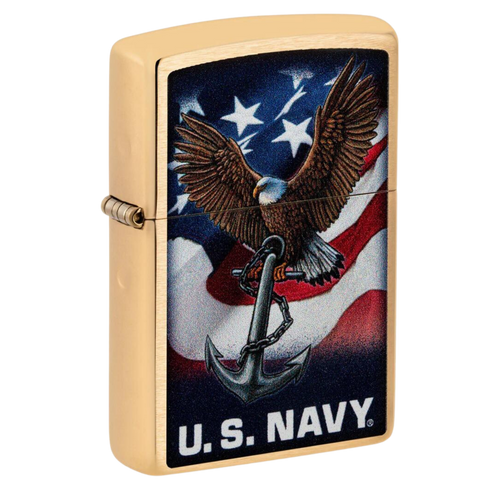 Navy Eagle Brushed Brass Color Logo Zippo