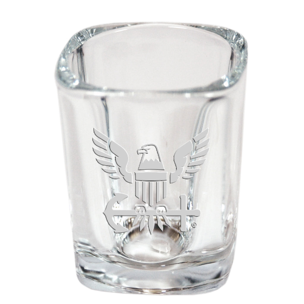 Navy Eagle Logo Etched Square Shot Glass (Clear)