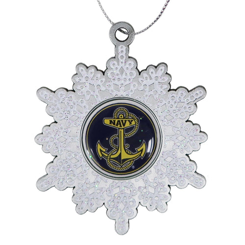 Navy Anchor White Glitter Pewter Snowflake Ornament (2.5