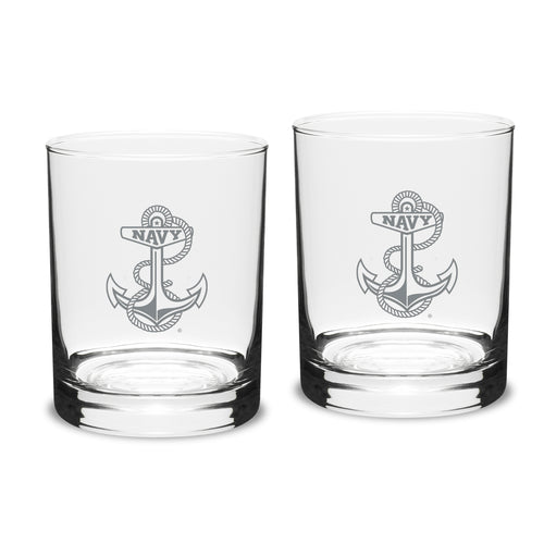 Navy Anchor 14oz Deep Etched Double Old Fashion Glasses (Clear)