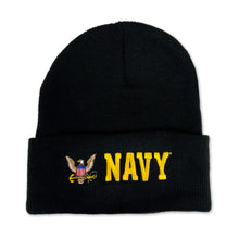Load image into Gallery viewer, Navy Eagle Emblem Cuffed Knit Beanie (Black)