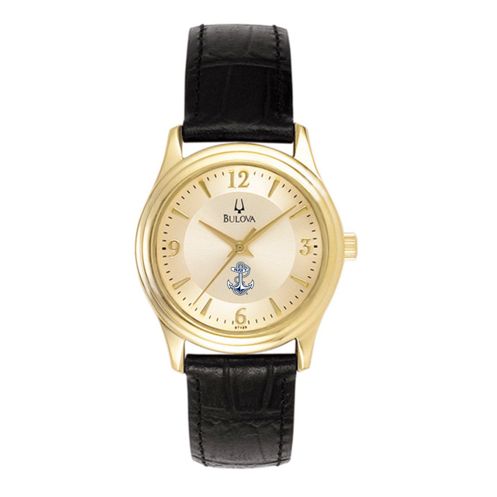 Navy Anchor Ladies Bulova Black Leather Strap Gold Plated Watch (Black)