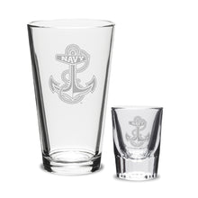 Load image into Gallery viewer, Navy Anchor 16oz Deep Etched Pub Glass and 2oz Classic Shot Glass (Clear)