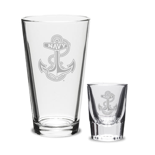 Navy Anchor 16oz Deep Etched Pub Glass and 2oz Classic Shot Glass (Clear)