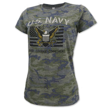 Load image into Gallery viewer, Navy Ladies Vintage Stencil T-Shirt (Camo)